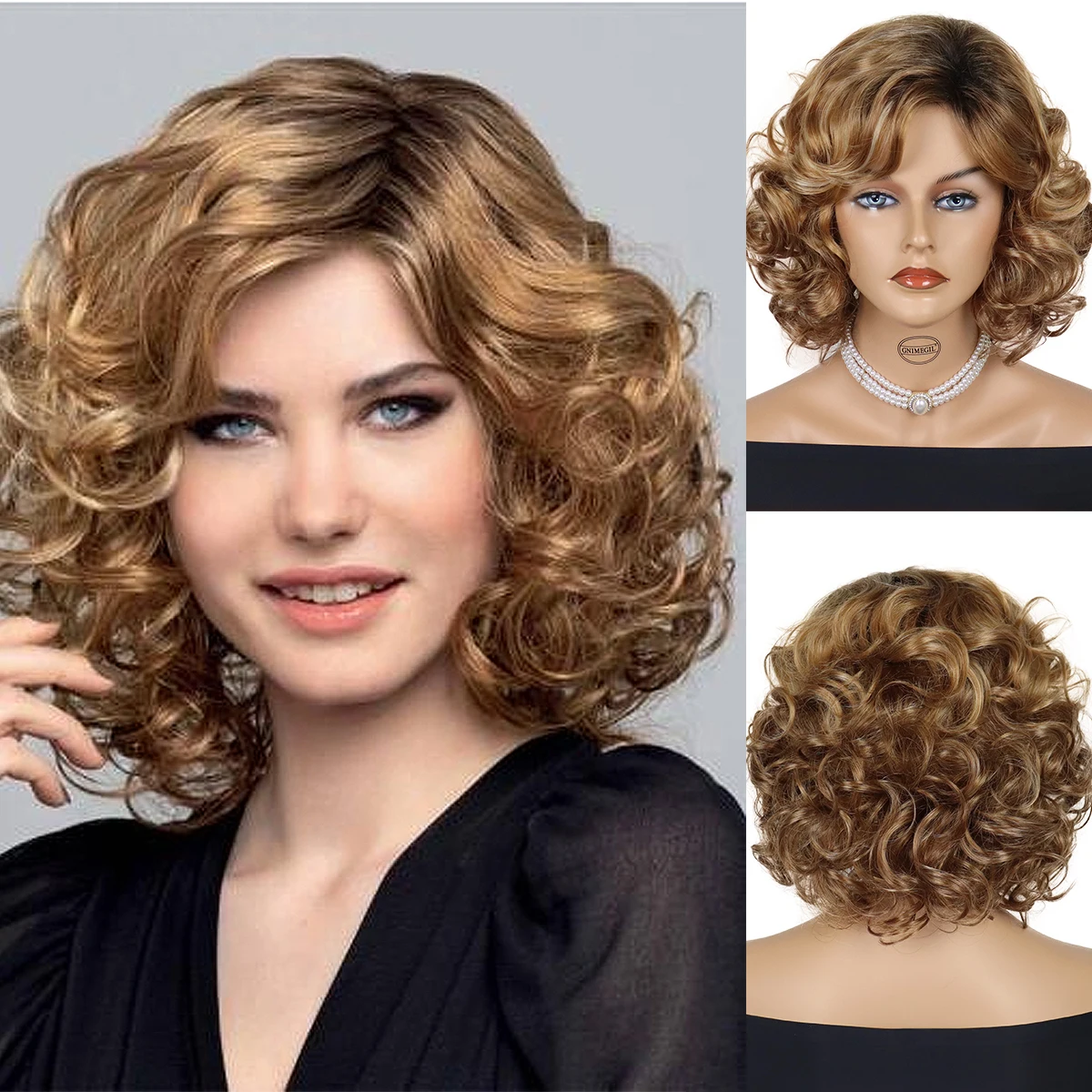 

Short Curly Wigs for Women Synthetic Hair Fluffy Haircuts Ombre Brown Wig Bangs Black Roots Wavy Mommy Wig Natural Hairstyles