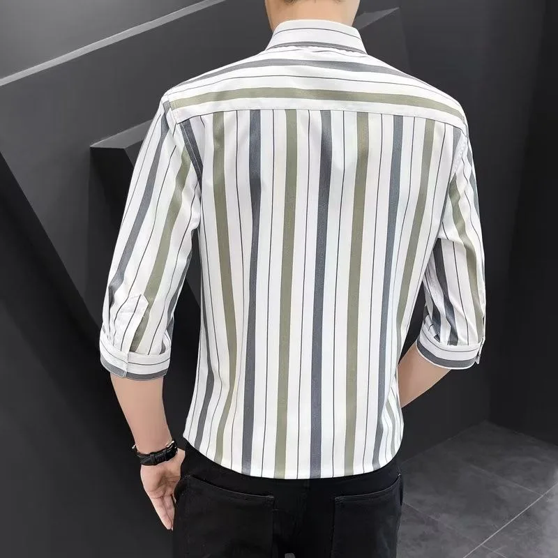 Summer Men's Ice Silk Shirt with Three-quarter Sleeves Korean Style Elastic Slim Young Handsome Mid-sleeved Shirt for Men