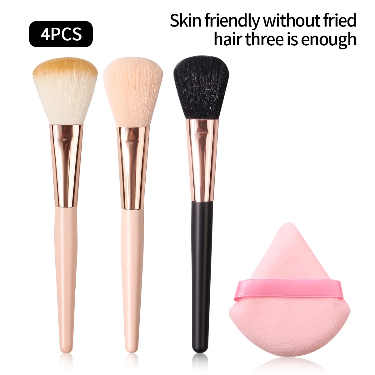 مجموعة فرش مكياج ناعمة مكونة من 4 قطع، فرشاة بودرة سائبة، فرشاة أحمر الخدود، فرشاة مكياج الوجه متعددة الوظائف + نفخة مسحوق مثلثة