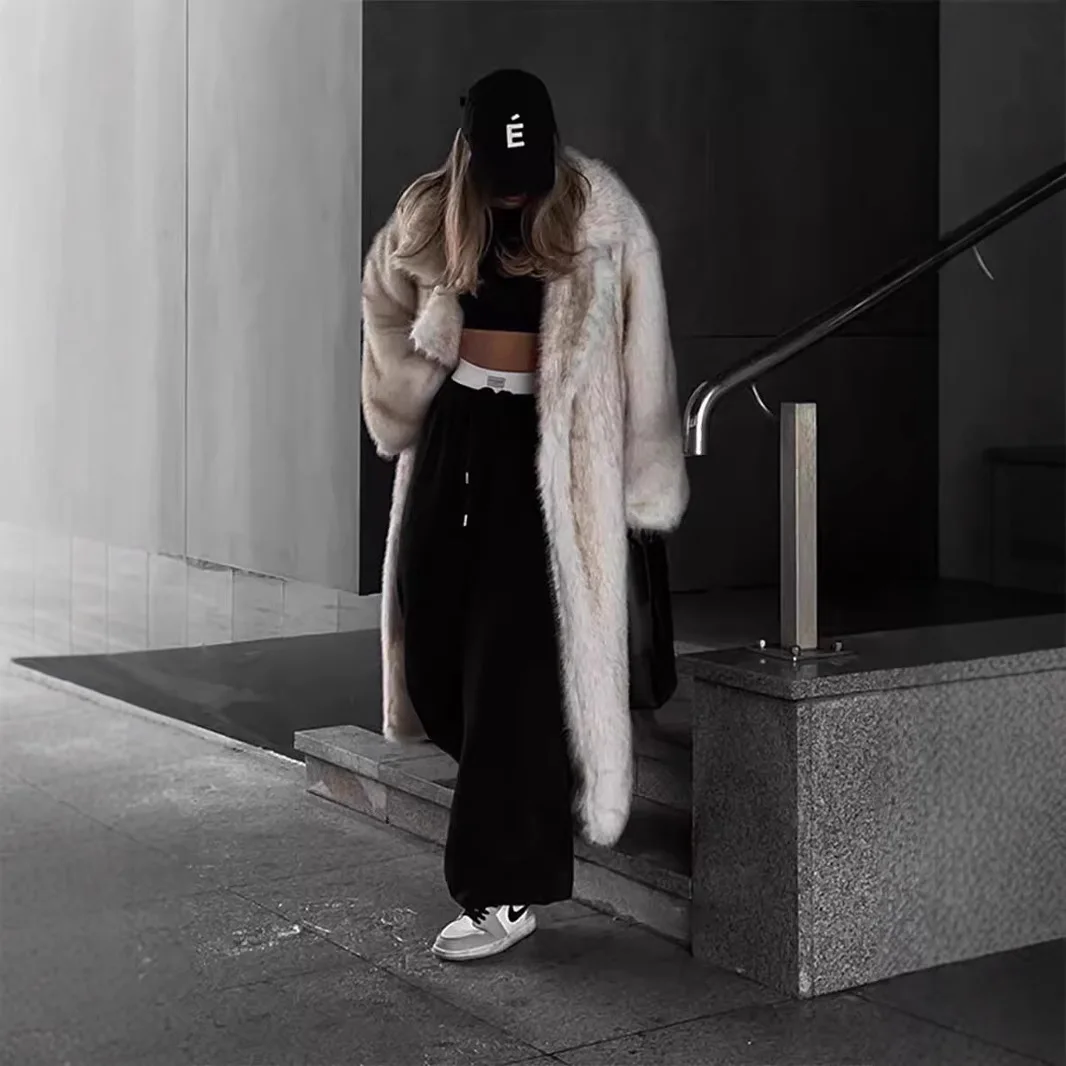 صديقة للبيئة معطف فرو طويل المرأة الخريف الشتاء بدلة فضفاضة طوق Jaet الدافئة لون نقي لباس غير رسمي تصميم غير قابل للإزالة #3