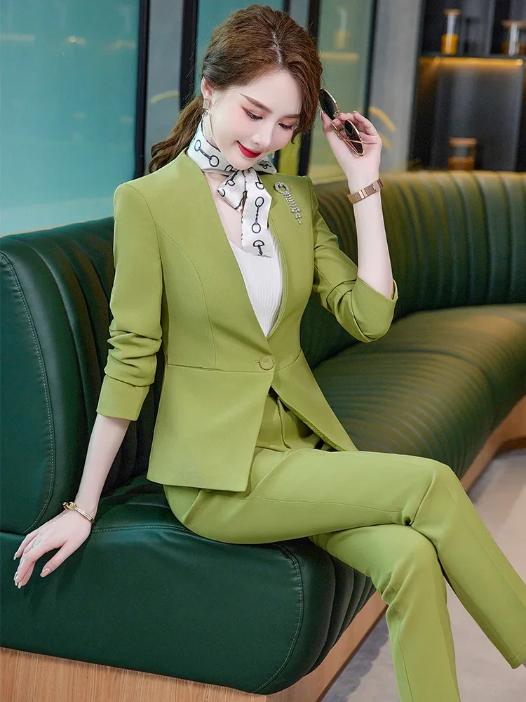 

Women Pant Suit Elegant Female Business Work Wear Single Breasted V-Neck Blazer And Trouser Office Ladies Slim 2 Piece Set
