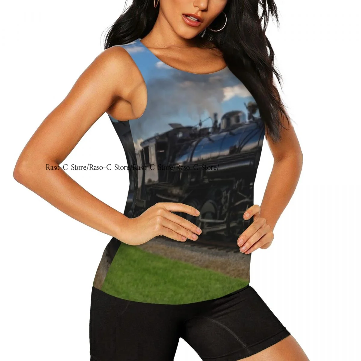 قمصان نسائية للتمرين بدون أكمام سريعة الجفاف بدون أكمام قمصان رياضية محرك بخاري قاطرة عتيقة في الريف والصالة الرياضية واليوجا #2