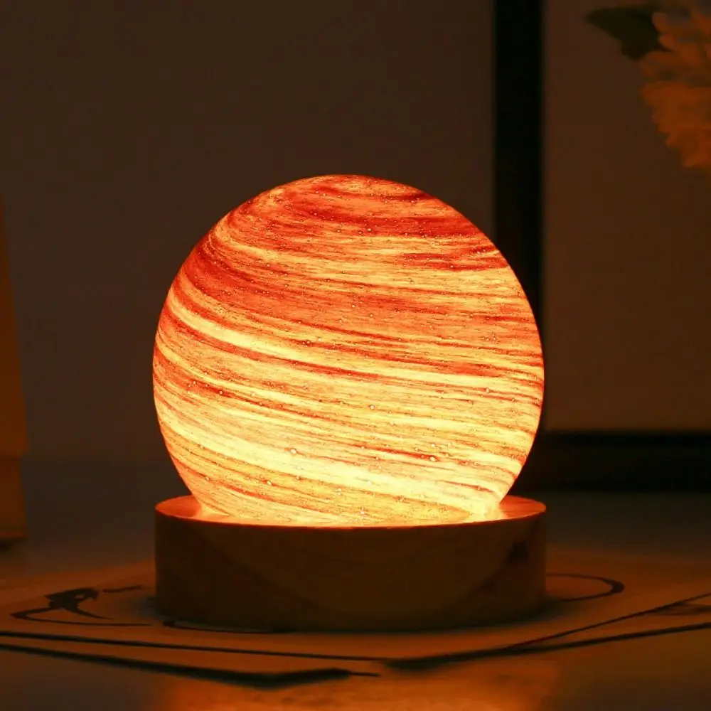 USB Plug in 3D Planet Glass Lamp Luminous Glass Sphere With Wooden Stand 80MM LED Night Light Dimmable Desktop Ornament