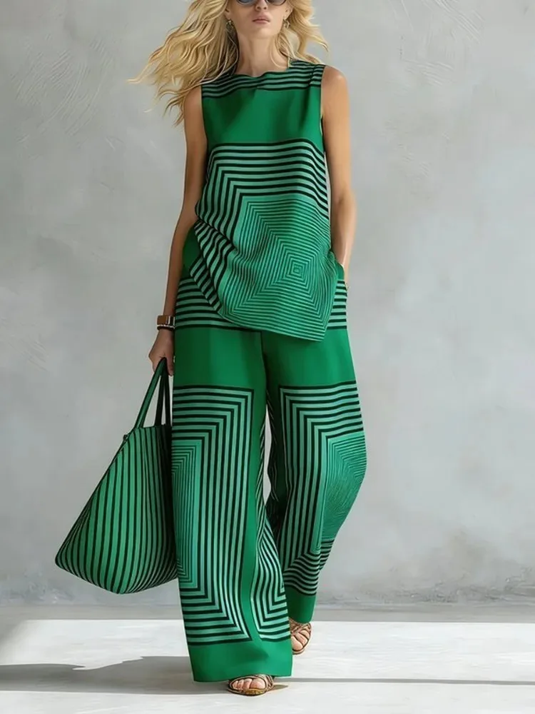 

UOOZEE Women's Office Commute Geometric Striped 2 Piece Set Sleeveless Vest Tops & High Waisted Wide Leg Pants Suits For Ladies