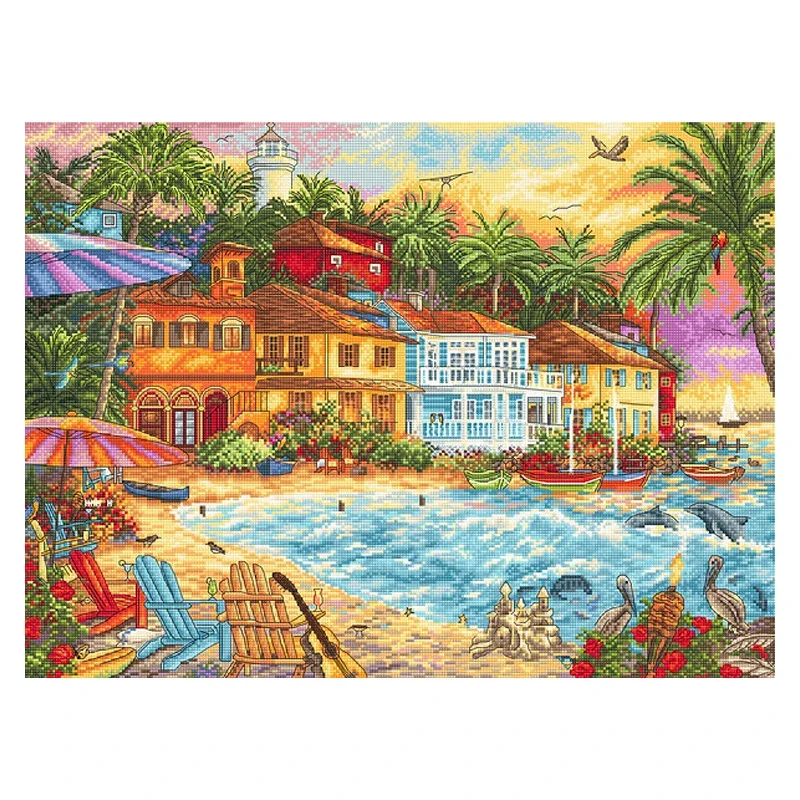 Amishop Counted Cross Stitch Kit, Island Time, Log Cabin, Dolphin, Bird, Animals, DIY, Embroidery, Needlework, LETI 926