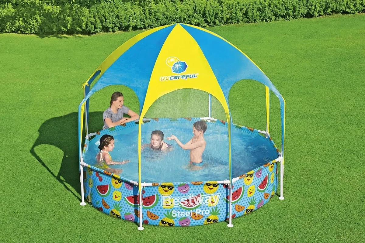 H2OGO! Kids Splash-in-Shade 8-Foot Round Steel Frame Above Ground Pool with Water Mister and Canopy Sunshade, Green Tropical