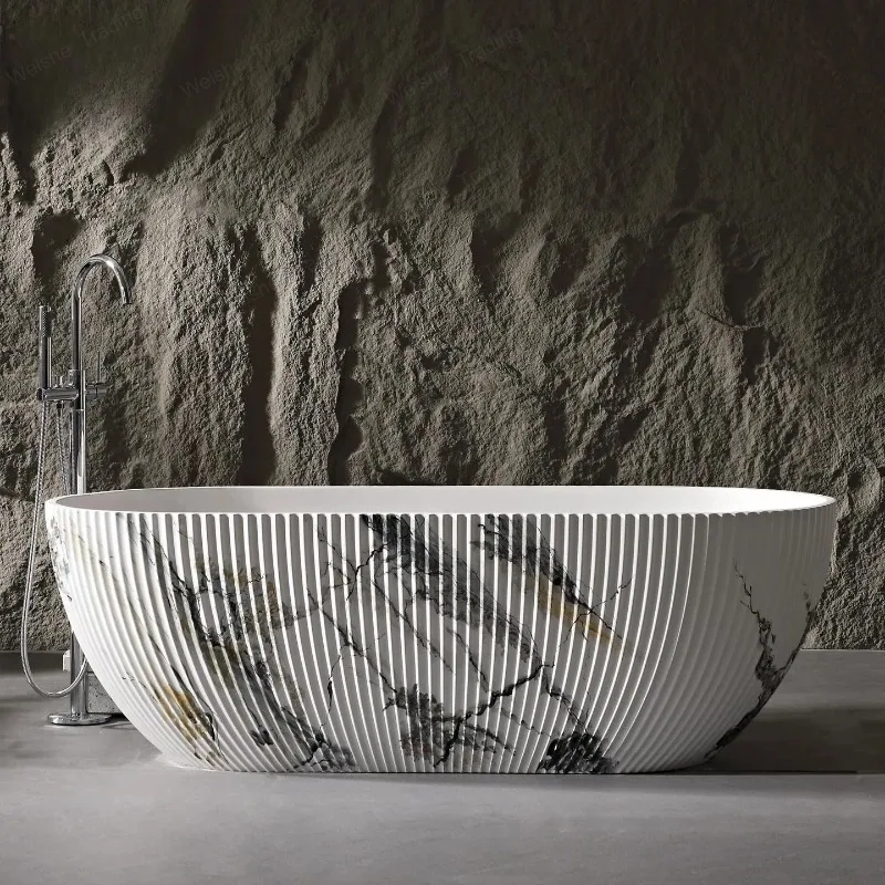 Freestanding Striped Artificial Stone Bathtub One Piece Molding Heat Preservation Ergonomic Designer For Bathroom Hotel Villa