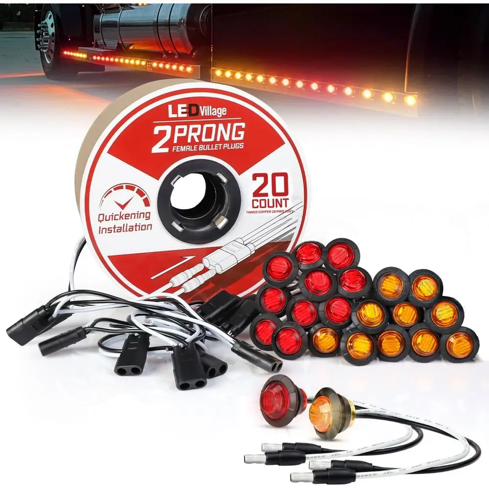 

20 шт. боковых габаритных фонарей 3/4 дюйма – 10 янтарных + 10 красных с разъемом постоянного тока и 2-контактным жгутом проводов – габаритные огни для грузовиков, прицепов
