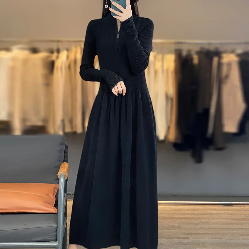 Korean Stand Collar Dress Female Autumn/Winter100%Merino Wool Knitted Dress and Calf Maxi Dress Fashion Waisted High-neck Dress