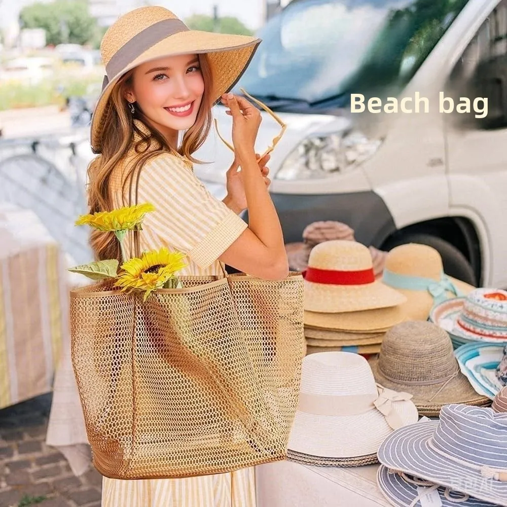 Foldable Mesh Beach Bag LargeCapacity,Tote for Women Quick-Dry Sand-Proof Shoulder Bag Versatile Summer Travel Shopping Gym Pool