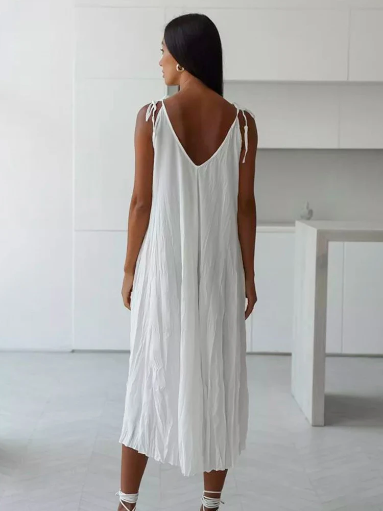 HiLoc Elegant Ruched White Nightdress Women 2024 Summer Spaghetti Strap Elastic Long Dresses Casual V-Neck Loose Nightie Female