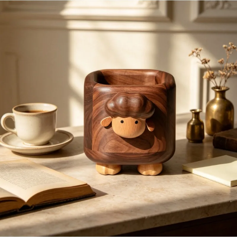 Black Walnut Pen Holder Round Modern Large Capacity Desk Organizer Cartoon Creative Pencil Cup, Unique Office Gift for Men Women