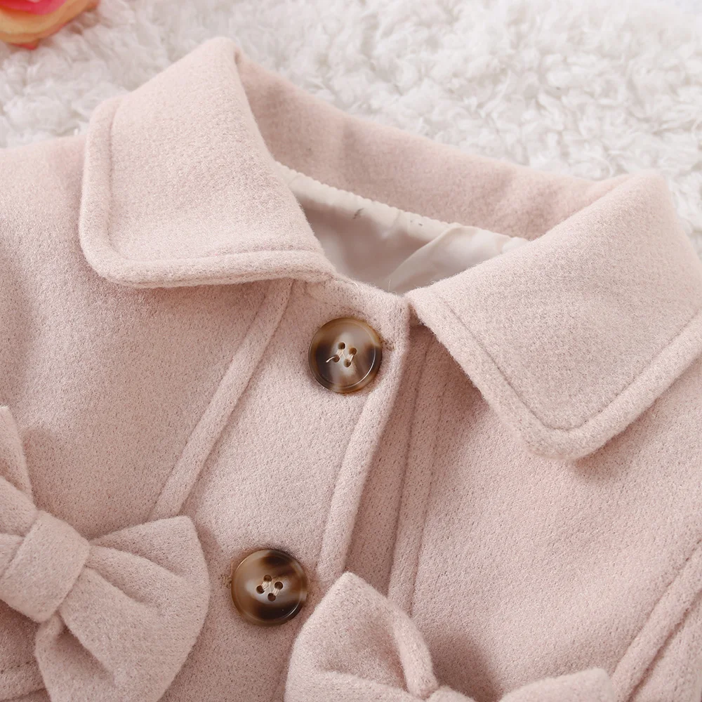 Spring And Autumn Bow Solid Color Baby Girl\'S Woolen Coat Casual Girl\'S Coat