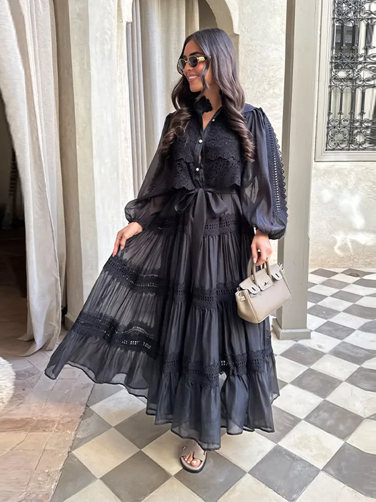 โคมไฟแขนยาว Hollow Out ดอกไม้ชุดยาวผู้หญิง Single Breasted Lace Up Patchwork เสื้อชุด Office Lady Vestido