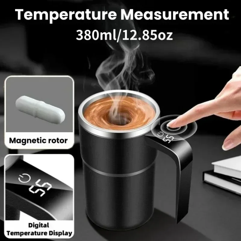 Electric Coffee Mug with Built-in LCD Thermometer Rechargeable Automatic Magnetic Stirring 13oz Overflow Self-Stirring Cup