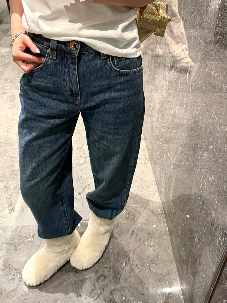 

Loose High Waist Blue Denim Boots Pants Women's Premium Washed Nine Points Loose Feeling Jeans Bootcut Trousers for Ladies