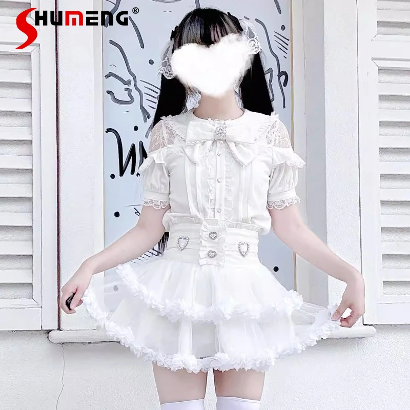 

Lolita Ballet Style Sweet White High Waist Skirt Women's Japanese Rojita Mine Series Slimming Y2k Cute Short Mini Skirts Girls