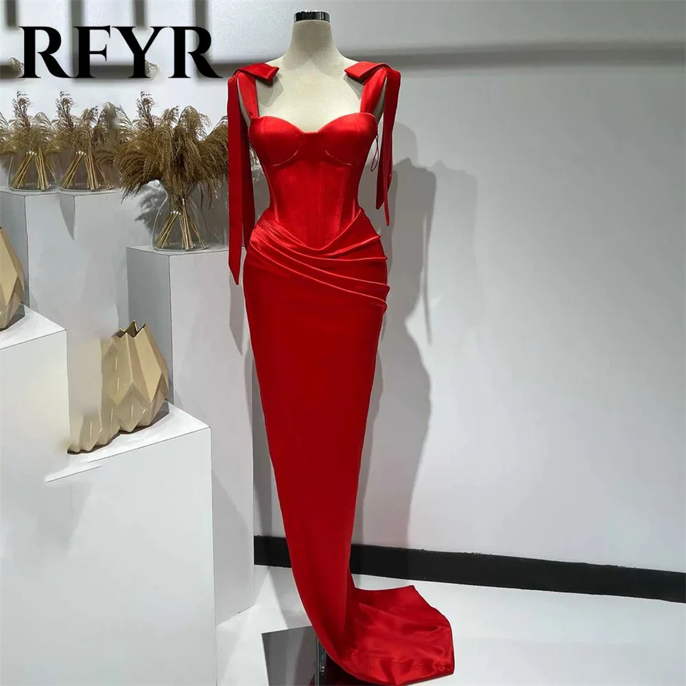 

RFYR Stain Mermaid Evening Dresses For Women Lace Up Red Prom Dresses Spaghetti Strap Sweetheart Sweep Train فستان حفلات الزفاف