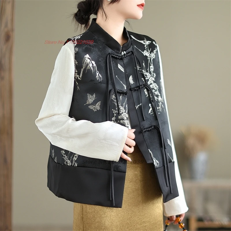 2024 oriental vintage gilet satin jacquard sleeveless jacket hanfu tops traditional vintage waistcoat ethnic vest tang suit