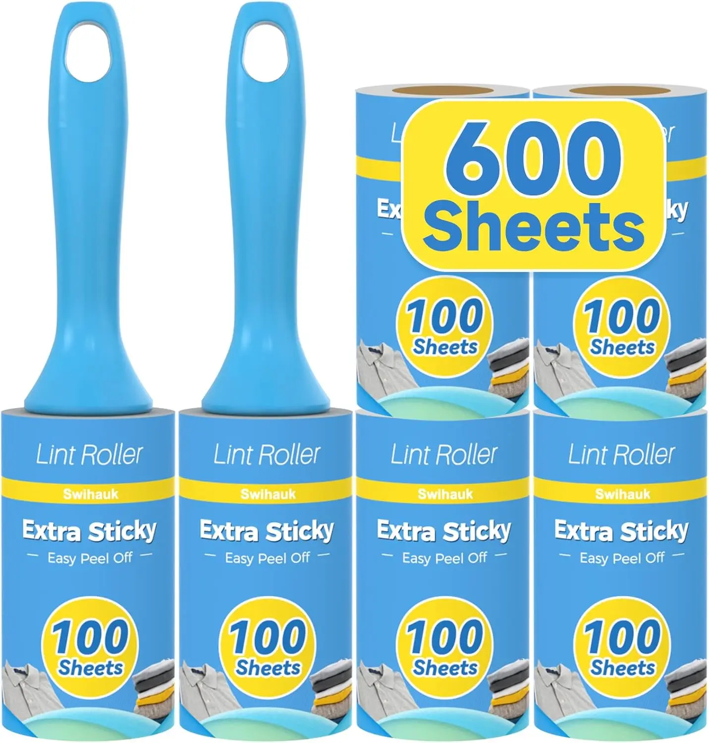 

Extra Sticky Lint Rollers for Pet Hair, Easy Spiral Tear, 600 Sheets Value Pack, Ergonomic Handle for Clothes, Furniture, Carpet