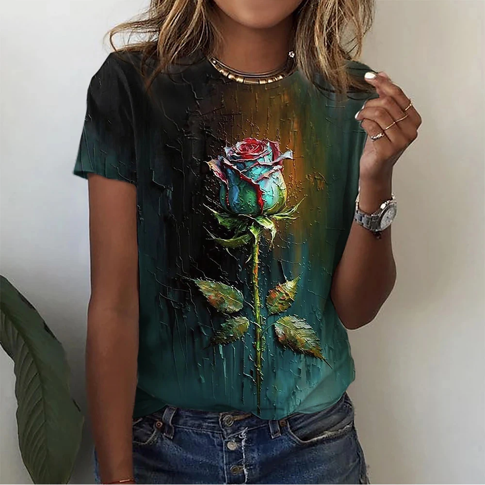 2023 Camisetas das mulheres Moda Tema Floral T Shirt Plantas Floral Tees Verão Manga Curta Top Básico Oversized Roupas Femininas