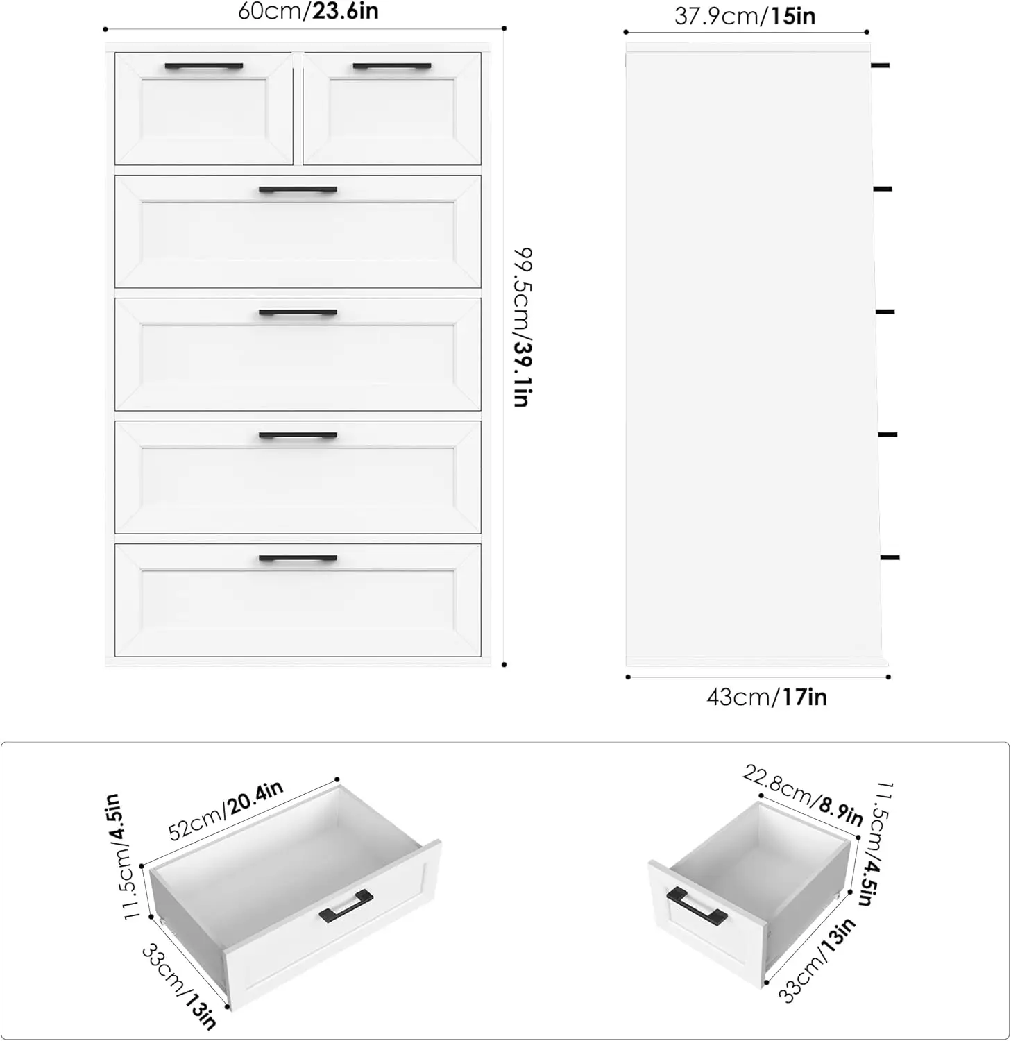 White Dresser, Tall Dresser with 6 Drawers, Trapezoidal Design Chest of Drawers, Bedroom, Hallway, Entryway (1)