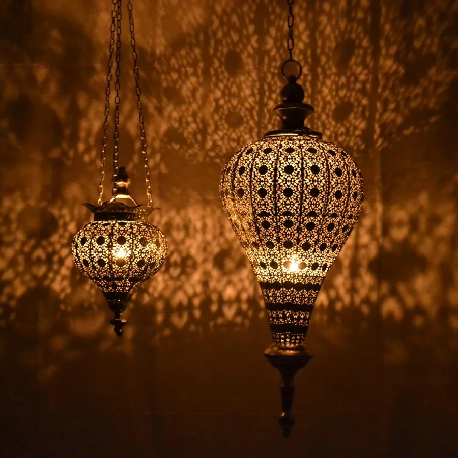 2er-Set antike silberne orientalische marokkanische Ramadan-Laterne, Metall-Hänge-Pendelleuchten, Kerzenlaternen, Lampen, dekoratives Dekor für
