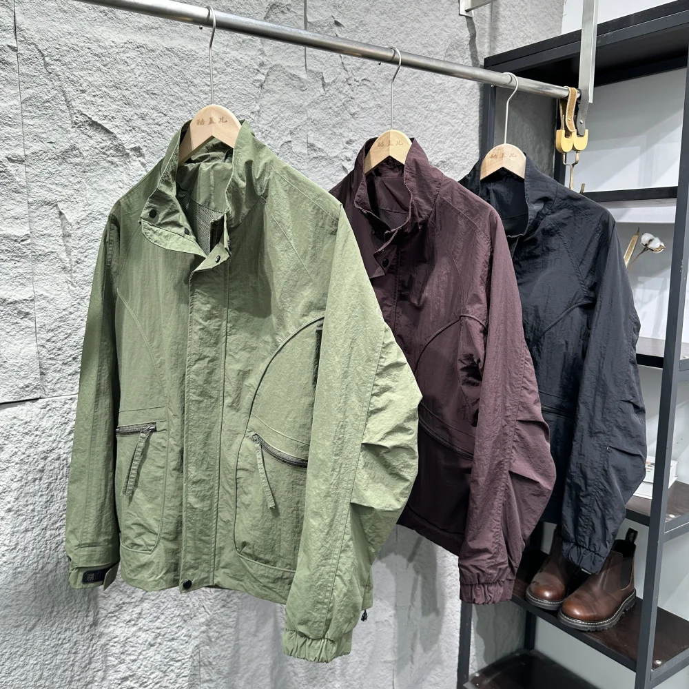 Metallic Nylon Men's Jacket Stand Collar Three-Proof Workwear Vintage Style Coat Durable Fashionable Zipper Decorated Male Ou...