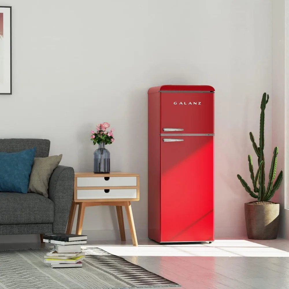 Refrigerator, Dual Door Fridge, Adjustable Electrical Thermostat Control with Top Mount Freezer Compartment, Retro Red,