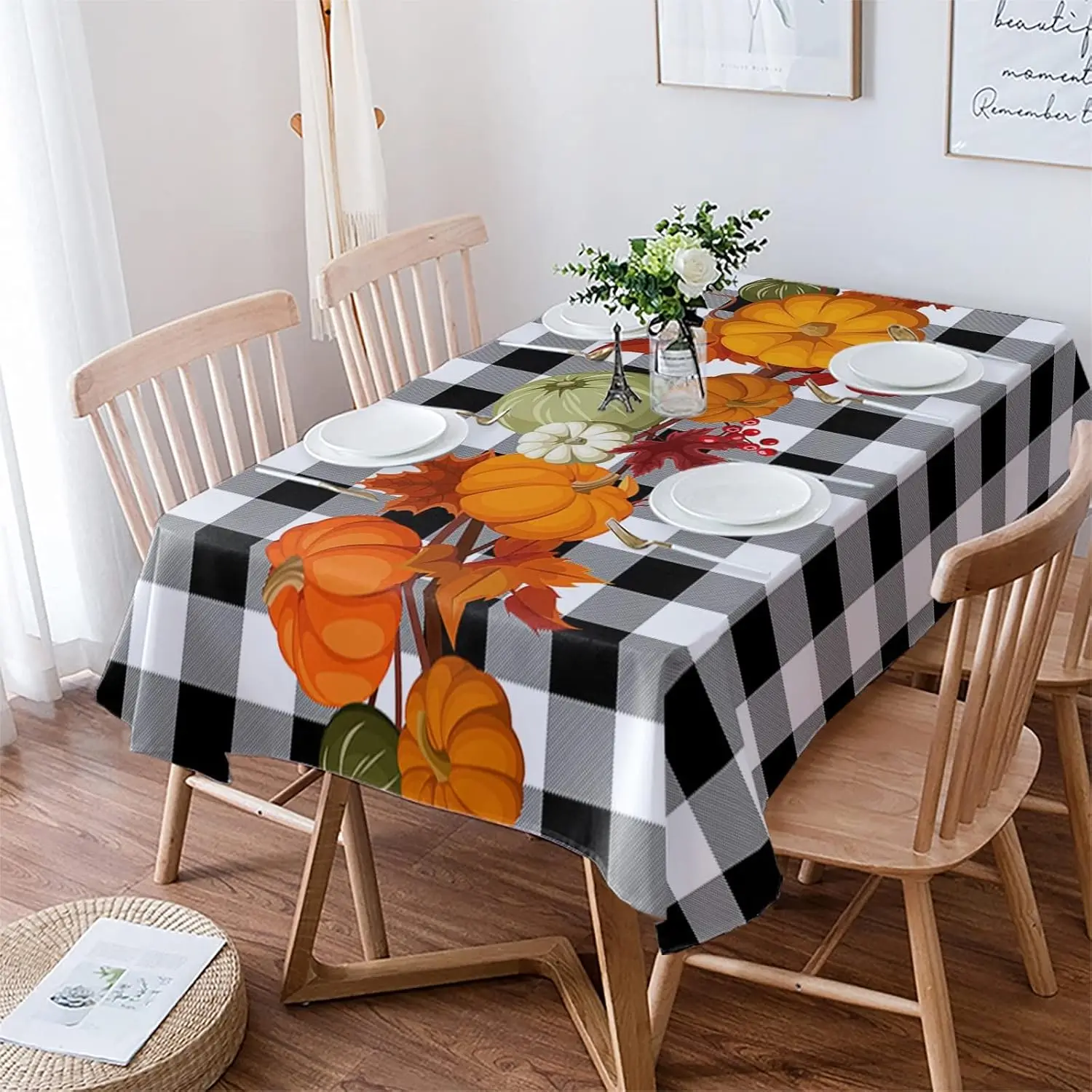 Fall Thanksgiving Pumpkin Maple Leaves Tablecloths Autumn Rectangle Buffalo Plaid Table Cloth for Table Kitchen Party Decoration