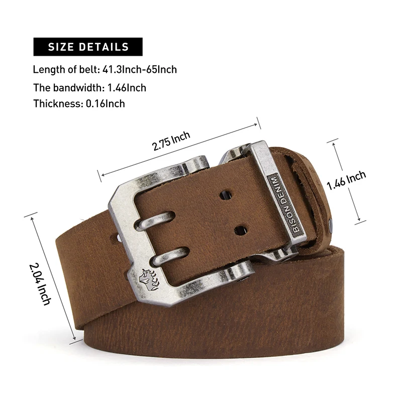 BISONDENIM Luxury Designer Belts for Men Vintage Spilt Genuine Leather Pin Buckle Waist Strap Belt for Jeans High Quality W71794