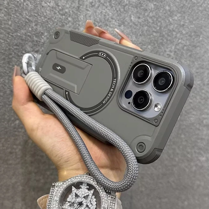 Luxury Stand Holder Anti-fall for Magsafe Phone Case for IPhone 17 16 13 12 Pro Max 15 14 Plus Wrist Strap Shockproof Back Cover - view 5