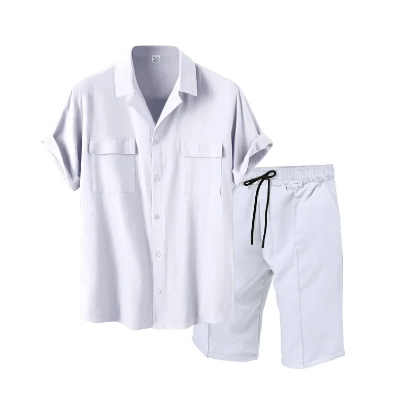 New Men's Two Piece Set Large Size Solid Color Short Sleeve Shirt Summer Casual Suit Lapel Male Suit