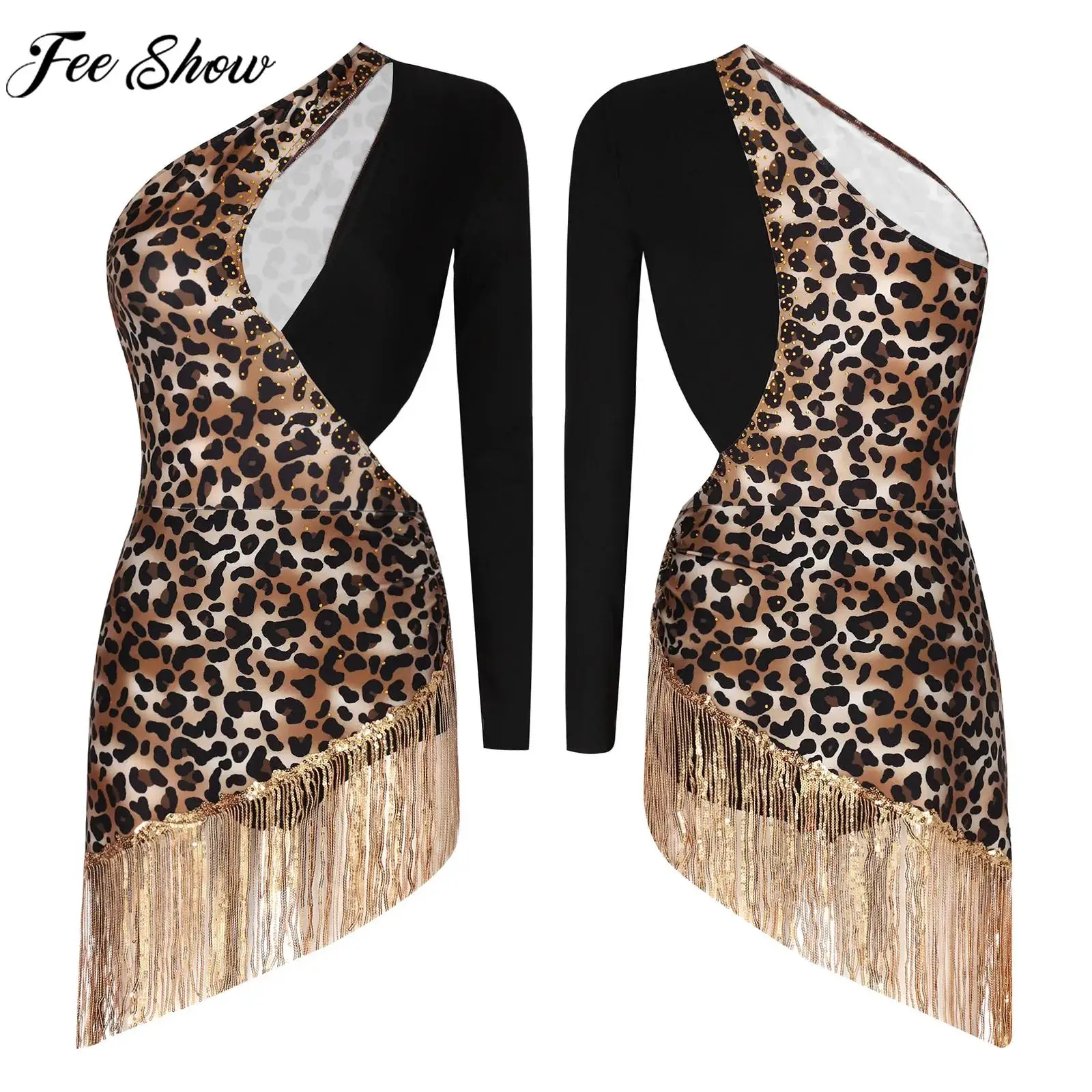 Women Latin Dance Dress One Shoulder Cutout Rhinestones Print Sequins Tassel Leotard Cha-cha Tango Samba Rumba Ballroom Costume