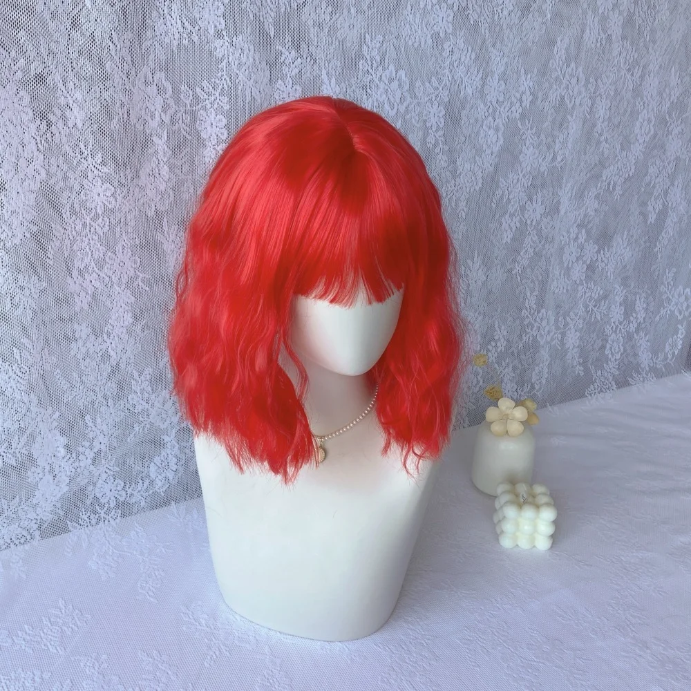 Women's Wig Red Air Bangs Wig Short Roll Water Ripple Synthetic Head Cover Makeup Ball Festival Party Dress Up Wig