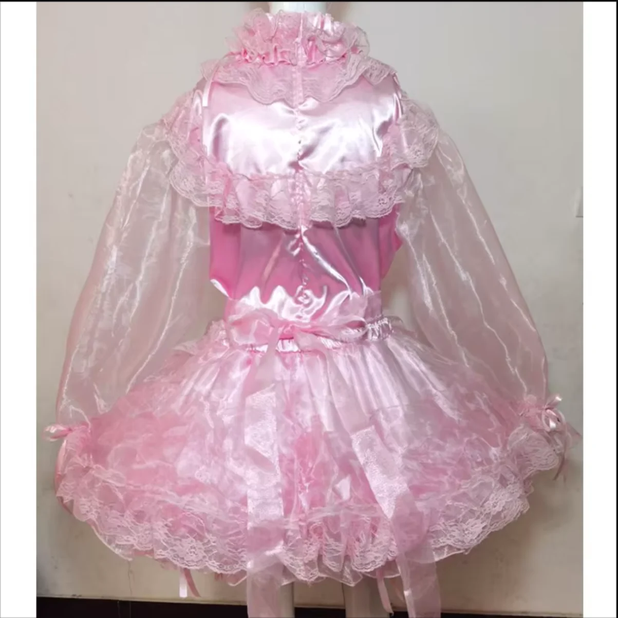 

Pink Smooth Satin High Collar Dress with Tulle Panels Long Sleeves Separate Skirt Princess Gown for Daily Wear And Party