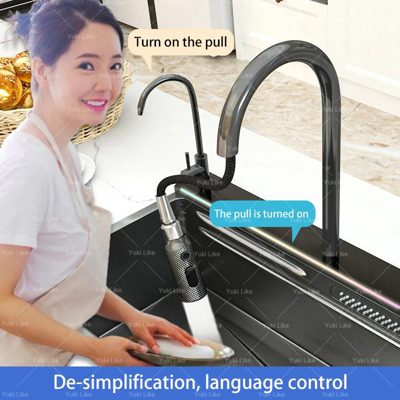 AI voice-controlled Stainless Steel Waterfall Kitchen Sink Digital Display Large Single Slot Multifunction Dishwashing Sinks
