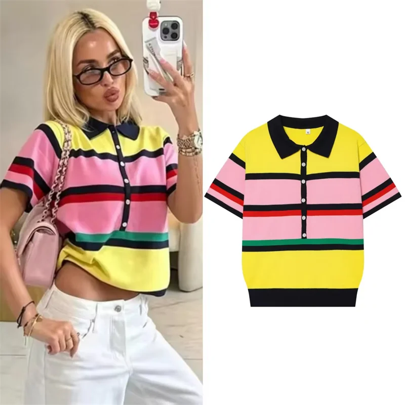 Women's Top 2026 Summer New Color-Block Stripe Splice Short Sleeve Polo Collar Loose Knit Top Casual Fashion Personality