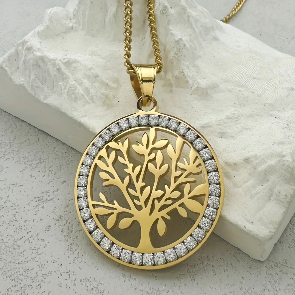Tree of Life Hollow Round Pendant Necklace Outer Ring Inlaid Rhinestone316L Stainless Steel Gold‑Color Fashion Jewelry