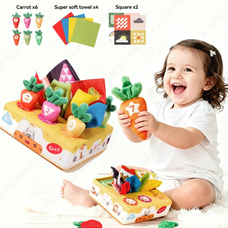 Baby Tissue Cartoon Soft Box Toy Tear-resistant Pattern Pulling Carrots Stuffed Toys Non-Fading Fine Motor Skills Cloth Book