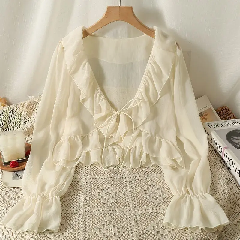 

Women Sweet Solid Flare Sleeves Chiffon Sunscreen Shirt Summer Ruffle Edge Lace up Cardigan Beach Loose Casual Thin Shawl Coat