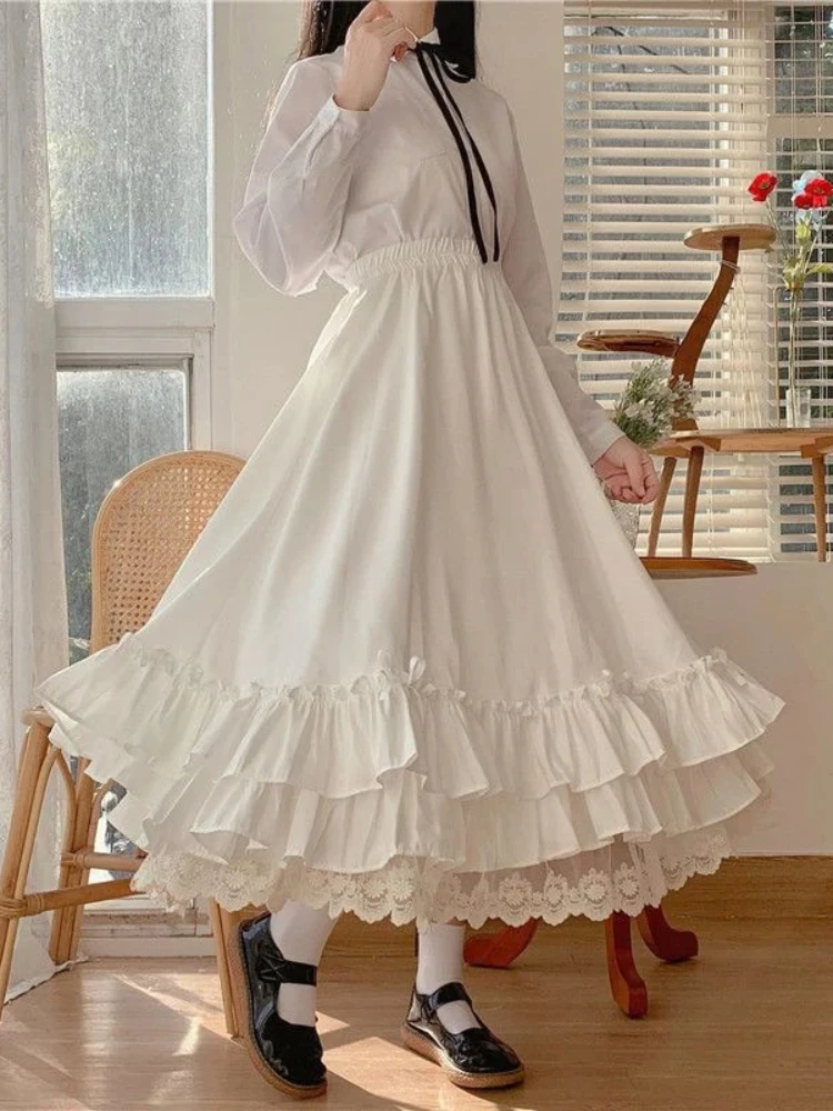 Japanese Fashion Sweet Lace Midi Skirt Women High Waist Ruffle Hem Bow Solid Color Skirt Autumn Cute Casual Elegant Chic Outfit