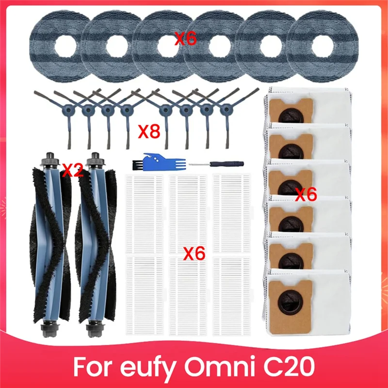 ملحقات بديلة للمكنسة الكهربائية Eufy Omni C20، الفرش الجانبية الرئيسية، مرشحات HEPA، وسادات الممسحة، أكياس الغبار