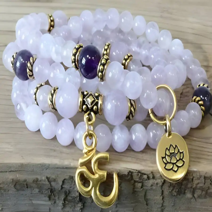 

6mm Amethyst Gemstone Mala Bracelet 108 Beads lotus pendant Prayer Japa Tibetan Bead zazen Men's Natural stone Sacred Meditation