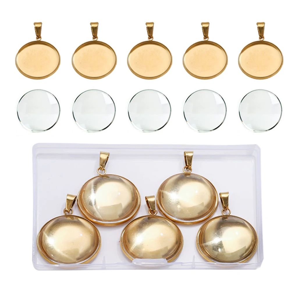 

5PCS/Set 18K Trays Glass Kit Storage Box Stainless Steel Pendant for DIY Time Gem Cabochon Jewelry Making Bulk Wholesale