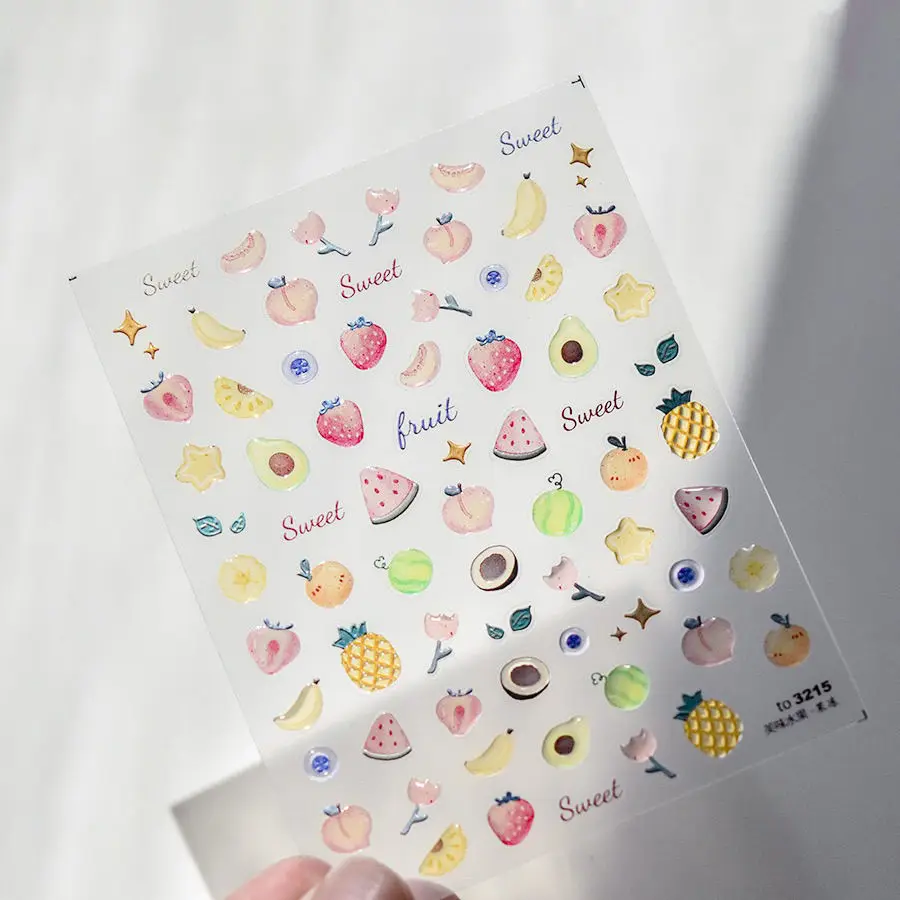 3D Embossed Fruit Nail Stickers Summer Dopamine Watermelon Strawberry Short Tips for Scrapbooking Planner Decal Removable