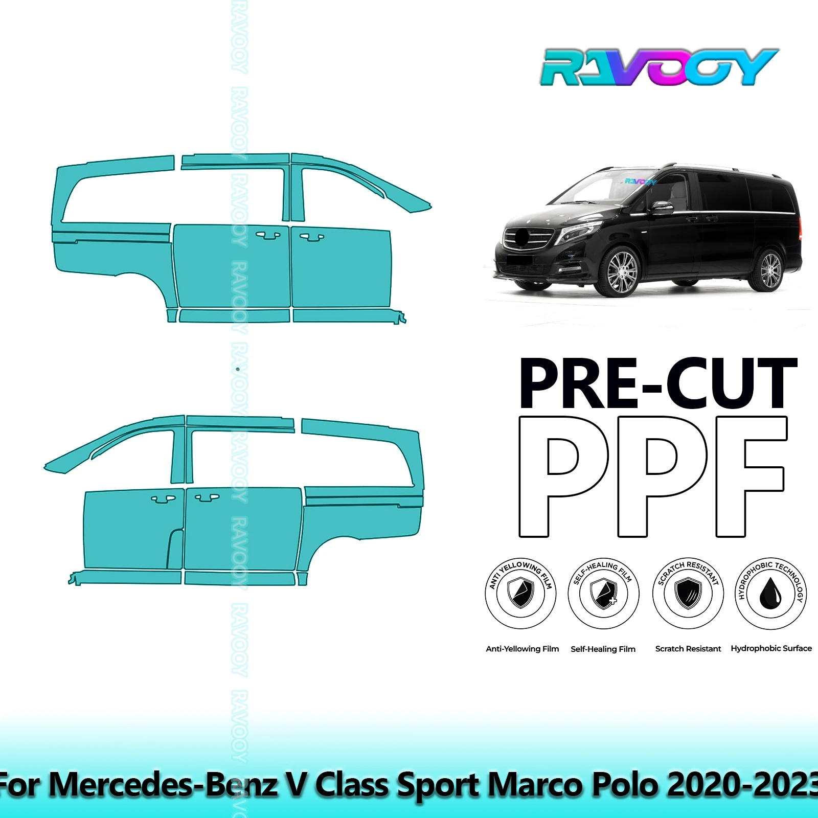 

For Mercedes-Benz V Class Sport Marco Polo 2020-2023 8.5mil Pre-Cut PPF Door & A/B Pillar Kit TPU Paint Protection Film Set