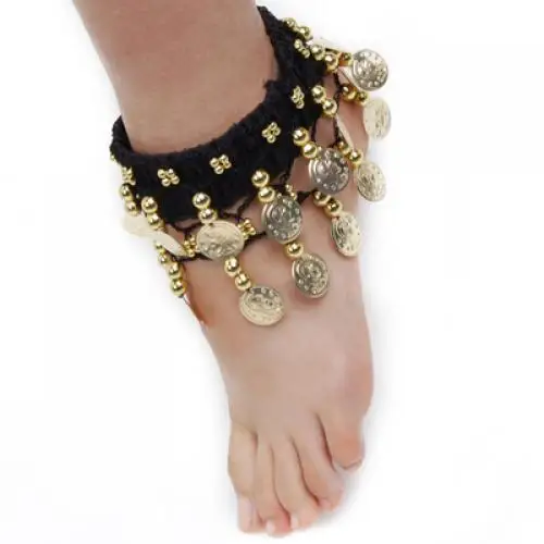 Belly Dance Ankle Bracelet Black Band with Golden Coins Jingly Arm Cuff for Women Oriental Dance Accessory Set