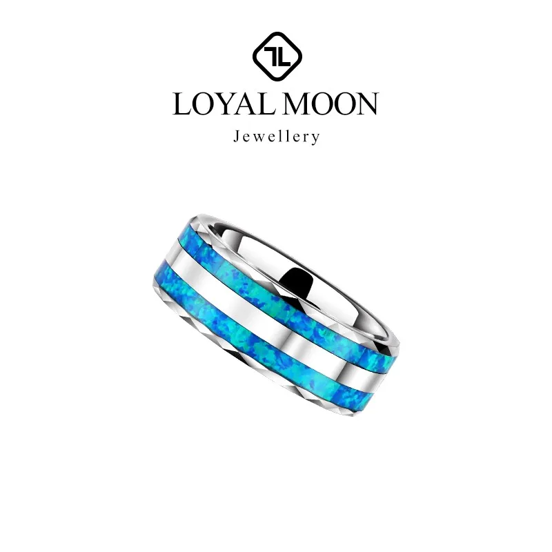 Loyal Moon Tungsten Rings For Men Women Wedding Inlay Two Pcs Blue Opal 8mm Width Personalized Jewelry, Engraving