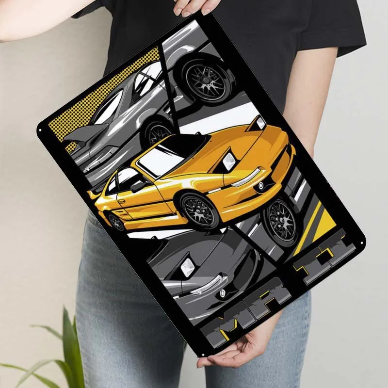 Toyota MR2 Yellow Car Metal Sign Poster Art Mural Vintage Tinplate Sign for Garage Wall Art Decoration House Decor Man Cave Home